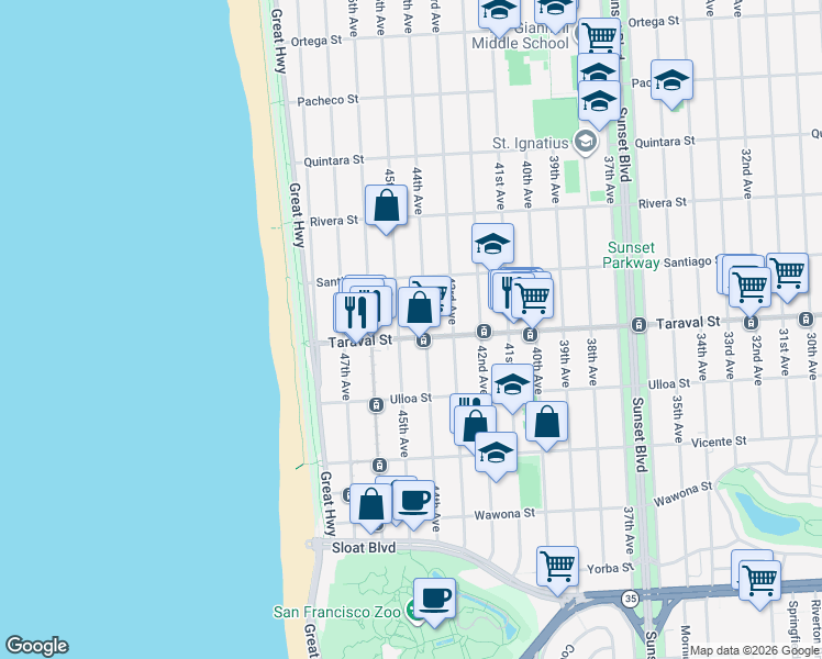 map of restaurants, bars, coffee shops, grocery stores, and more near 2414 45th Avenue in San Francisco