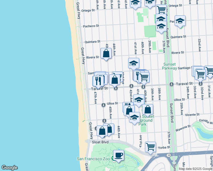 map of restaurants, bars, coffee shops, grocery stores, and more near 2414 45th Avenue in San Francisco