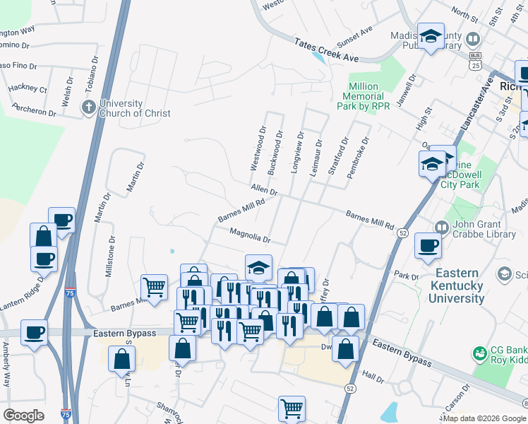 map of restaurants, bars, coffee shops, grocery stores, and more near 115 Bob O Link Drive in Richmond