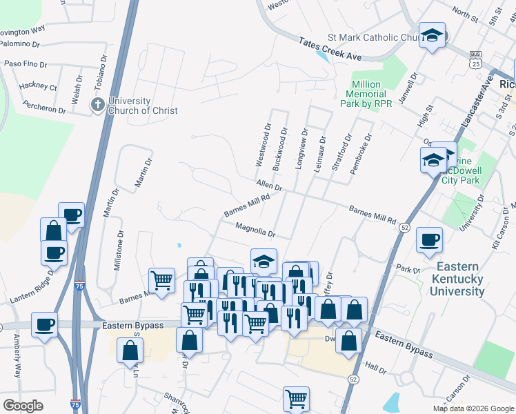 map of restaurants, bars, coffee shops, grocery stores, and more near 115 Bob O Link Drive in Richmond