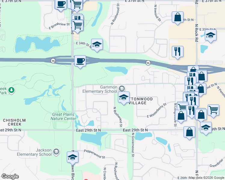 map of restaurants, bars, coffee shops, grocery stores, and more near 3222 North Cranberry Street in Wichita