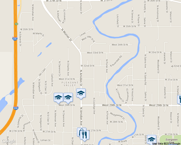 map of restaurants, bars, coffee shops, grocery stores, and more near 1706 W 31st St N in Wichita