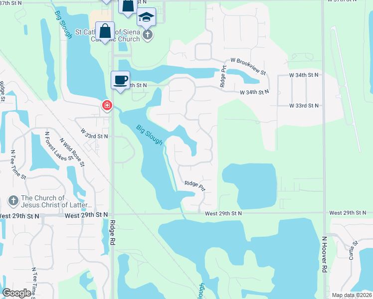 map of restaurants, bars, coffee shops, grocery stores, and more near 6614 W Shadow Lakes St in Wichita