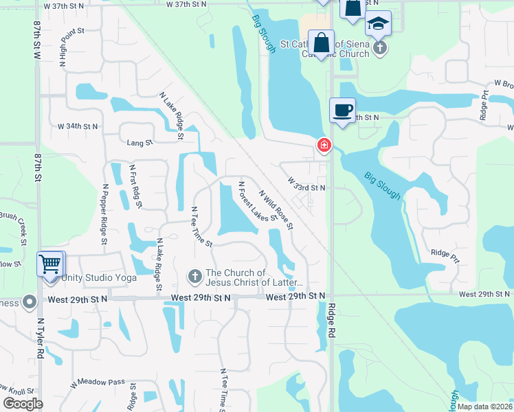 map of restaurants, bars, coffee shops, grocery stores, and more near 3225 North Forest Lakes Street in Wichita