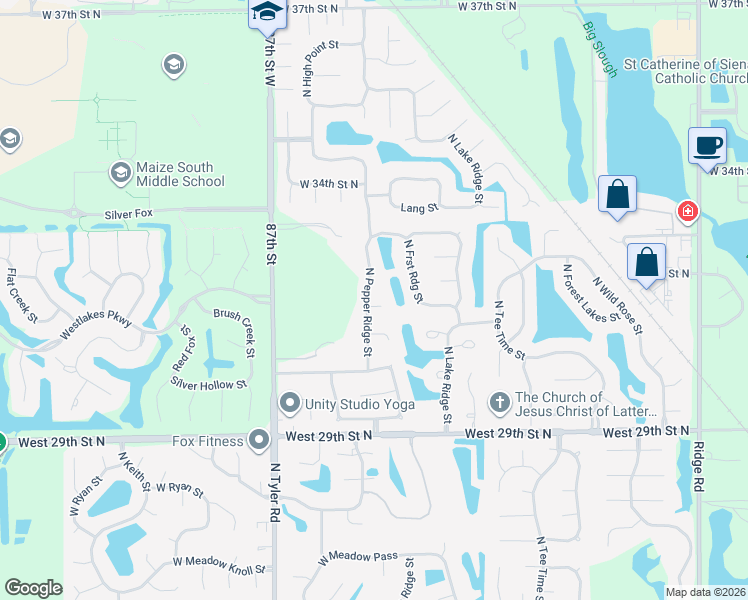 map of restaurants, bars, coffee shops, grocery stores, and more near 3198 Pepper Ridge in Wichita