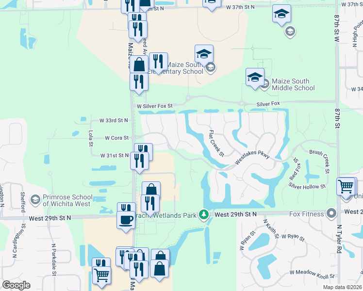 map of restaurants, bars, coffee shops, grocery stores, and more near Westlakes Parkway in Wichita