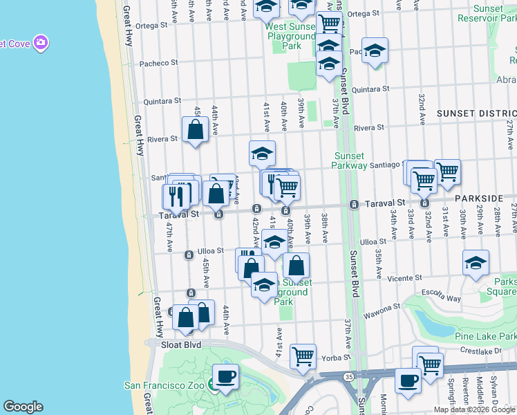 map of restaurants, bars, coffee shops, grocery stores, and more near in San Francisco