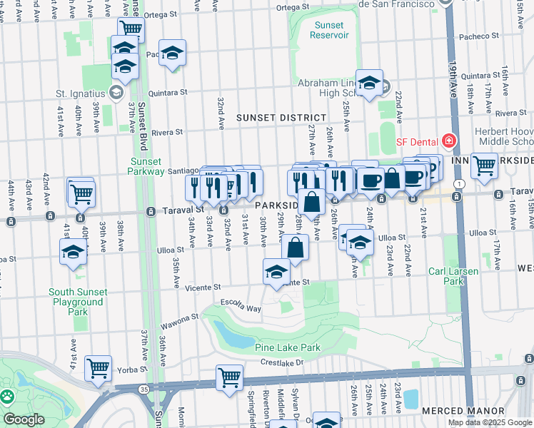 map of restaurants, bars, coffee shops, grocery stores, and more near 2418 30th Avenue in San Francisco