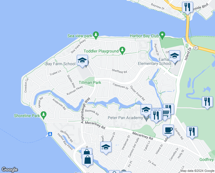 map of restaurants, bars, coffee shops, grocery stores, and more near 311 Channing Way in Alameda