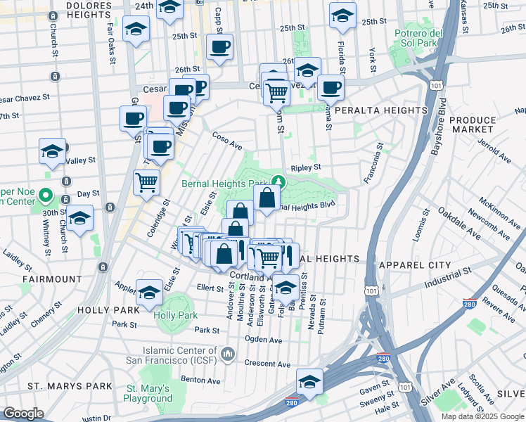 map of restaurants, bars, coffee shops, grocery stores, and more near 58 Ellsworth Street in San Francisco