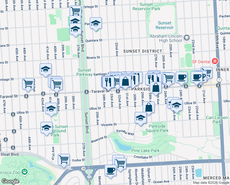 map of restaurants, bars, coffee shops, grocery stores, and more near 2447 32nd Avenue in San Francisco