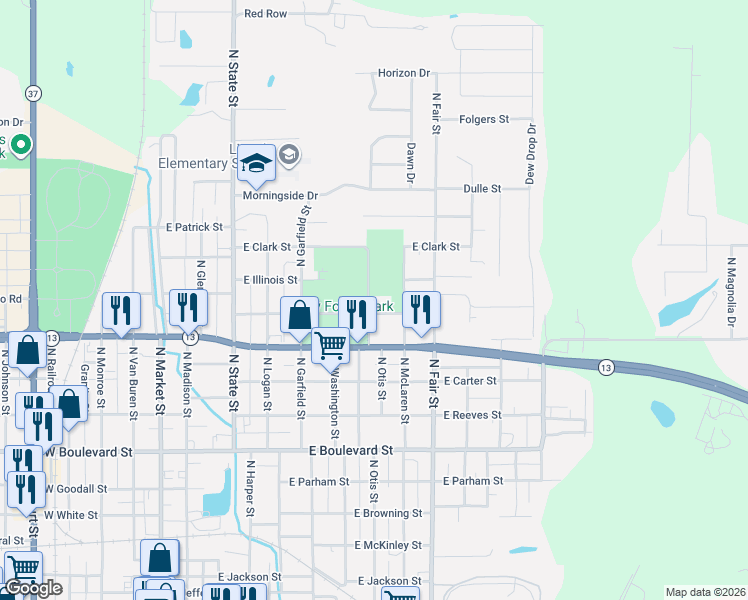 map of restaurants, bars, coffee shops, grocery stores, and more near Otis Street in Marion