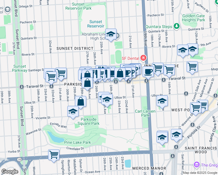 map of restaurants, bars, coffee shops, grocery stores, and more near 2471 24th Avenue in San Francisco