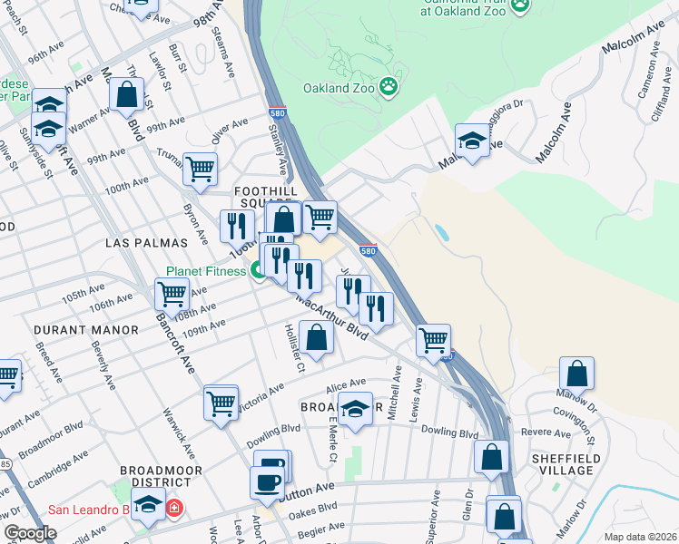 map of restaurants, bars, coffee shops, grocery stores, and more near 2666 109th Avenue in Oakland