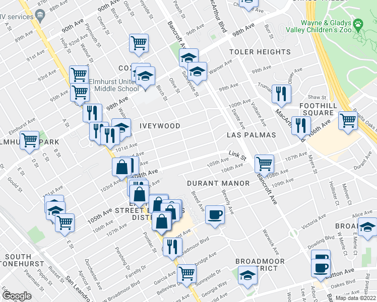 map of restaurants, bars, coffee shops, grocery stores, and more near 1920 104th Avenue in Oakland
