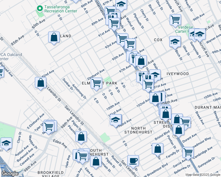 map of restaurants, bars, coffee shops, grocery stores, and more near 9820 D Street in Oakland