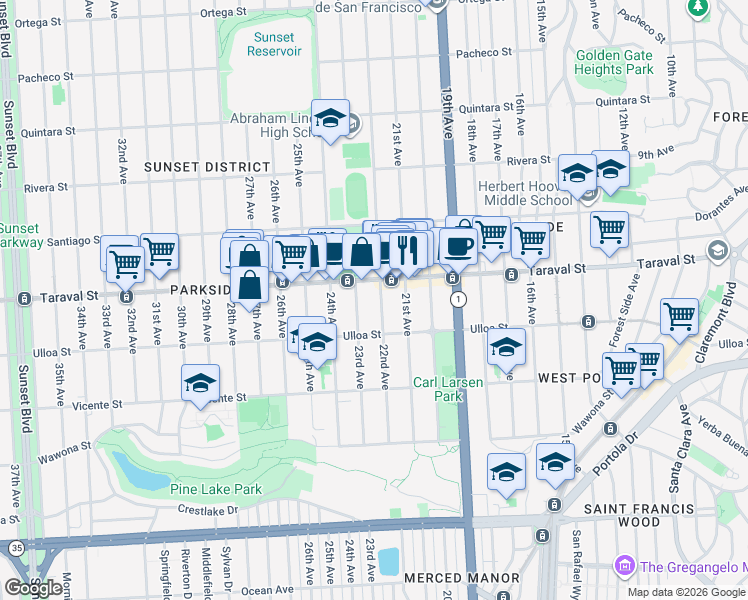 map of restaurants, bars, coffee shops, grocery stores, and more near 2474 23rd Avenue in San Francisco