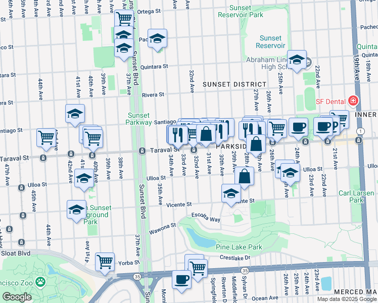 map of restaurants, bars, coffee shops, grocery stores, and more near 2447 32nd Avenue in San Francisco