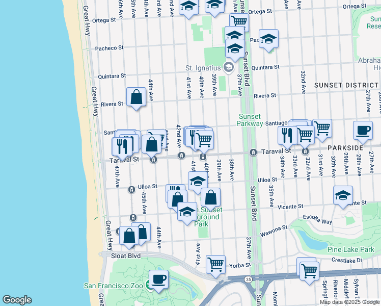 map of restaurants, bars, coffee shops, grocery stores, and more near 2426 41st Avenue in San Francisco