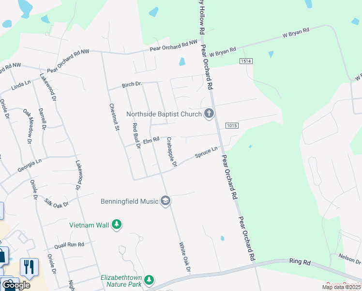 map of restaurants, bars, coffee shops, grocery stores, and more near 307 Crabapple Drive in Elizabethtown