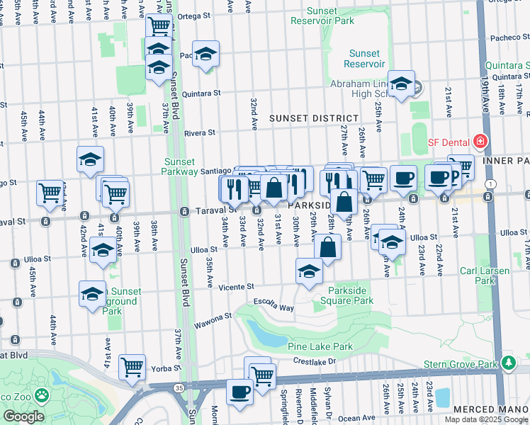map of restaurants, bars, coffee shops, grocery stores, and more near 2447 32nd Avenue in San Francisco