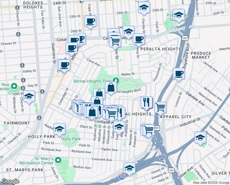 map of restaurants, bars, coffee shops, grocery stores, and more near 2 Gates Street in San Francisco
