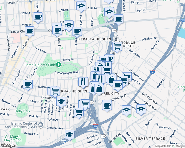 map of restaurants, bars, coffee shops, grocery stores, and more near 350 Mayflower Street in San Francisco