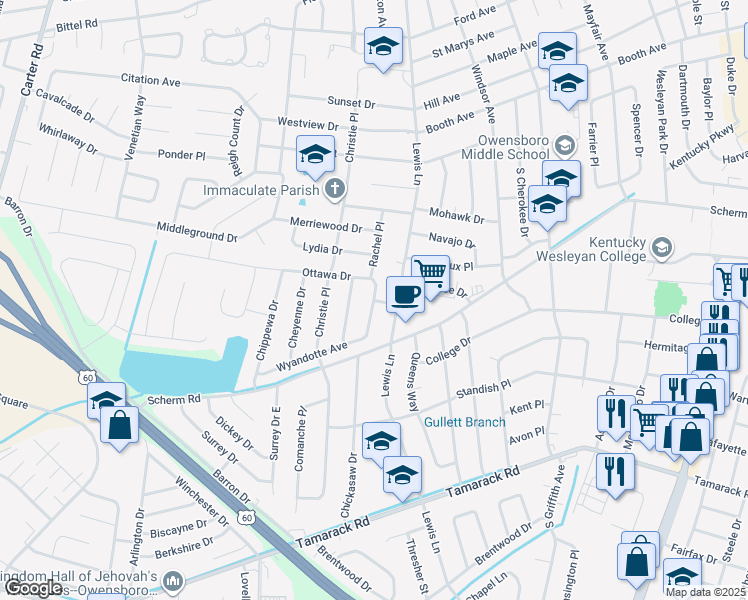 map of restaurants, bars, coffee shops, grocery stores, and more near 1899 Osage Drive in Owensboro
