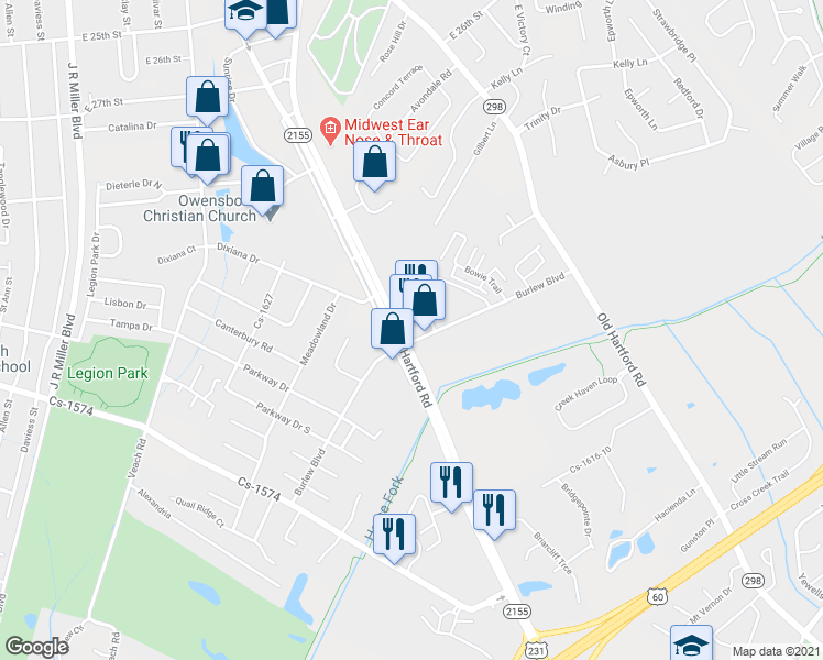 map of restaurants, bars, coffee shops, grocery stores, and more near 1001 Burlew Boulevard in Owensboro