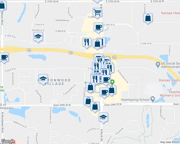 map of restaurants, bars, coffee shops, grocery stores, and more near 3252 North Longfellow Court in Wichita