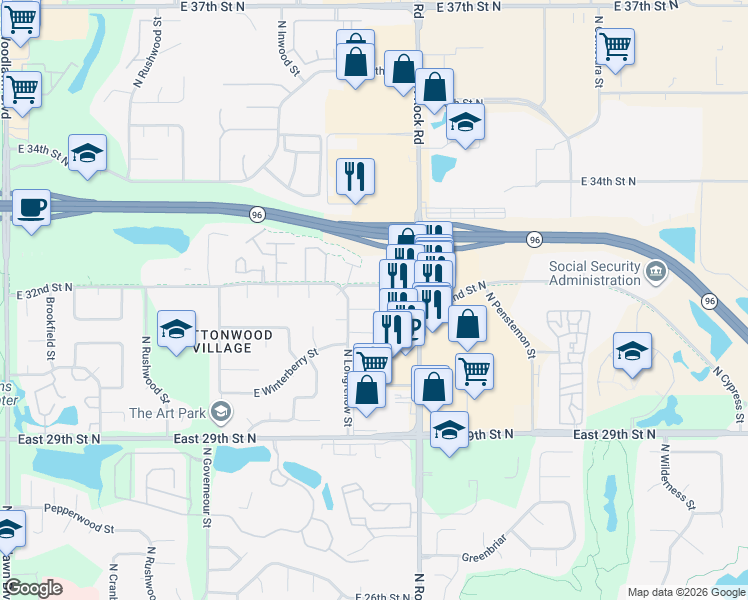 map of restaurants, bars, coffee shops, grocery stores, and more near 7824 East 32nd Street North in Wichita