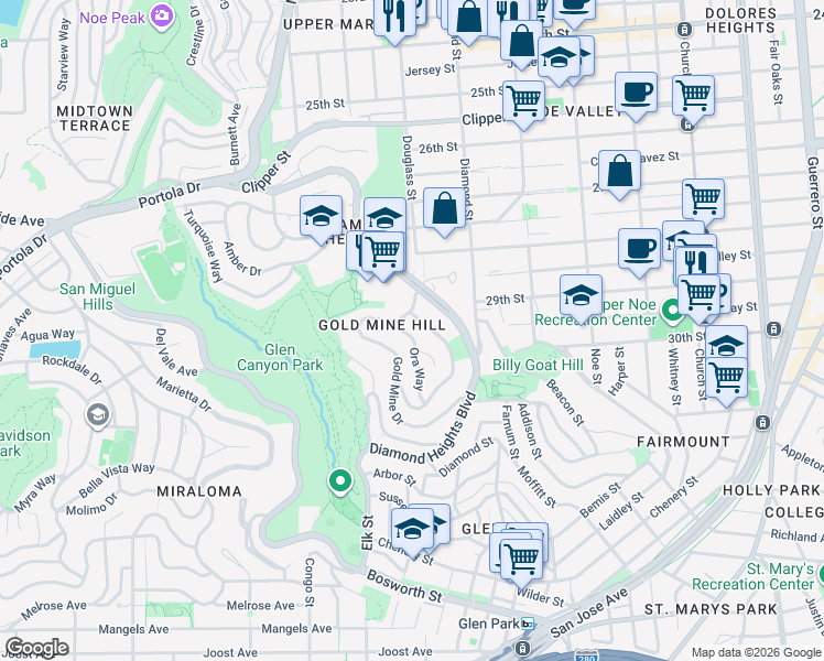 map of restaurants, bars, coffee shops, grocery stores, and more near 17 Ora Way in San Francisco