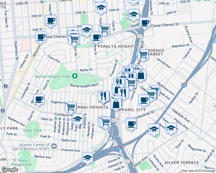 map of restaurants, bars, coffee shops, grocery stores, and more near 651 Peralta Avenue in San Francisco