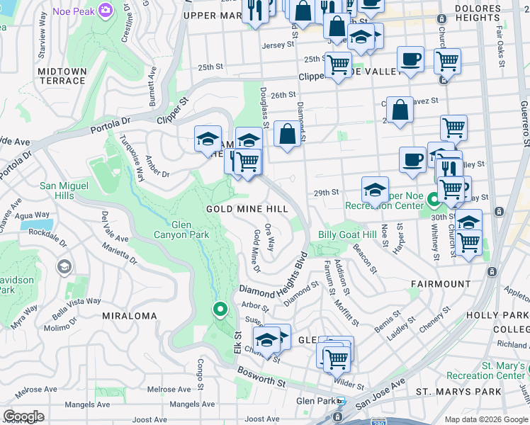 map of restaurants, bars, coffee shops, grocery stores, and more near 17 Ora Way in San Francisco