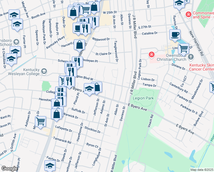 map of restaurants, bars, coffee shops, grocery stores, and more near 219 Legion Boulevard West in Owensboro