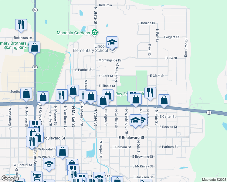 map of restaurants, bars, coffee shops, grocery stores, and more near 400-498 East Illinois Street in Marion