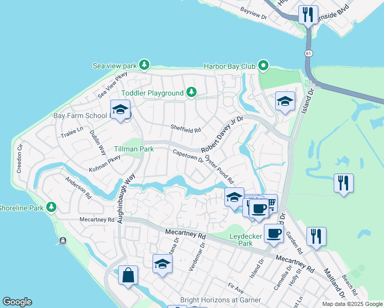 map of restaurants, bars, coffee shops, grocery stores, and more near 329 Capetown Drive in Alameda