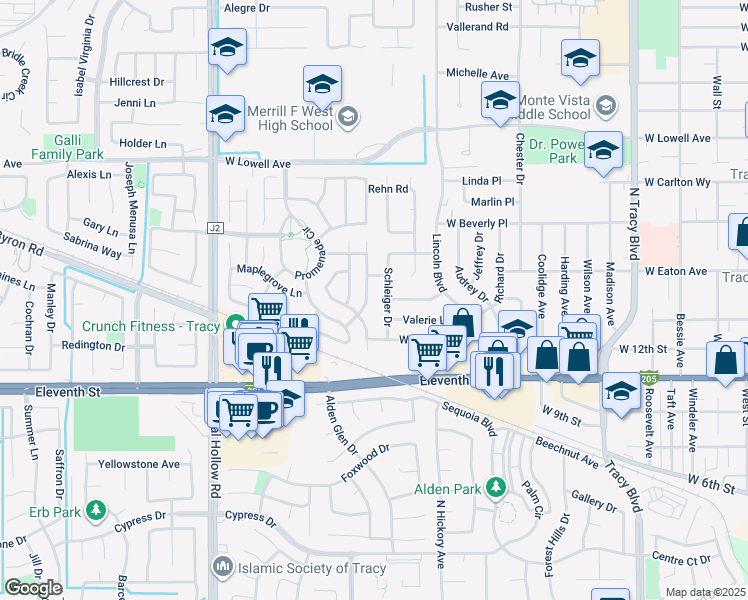 map of restaurants, bars, coffee shops, grocery stores, and more near 1351 Schleiger Drive in Tracy