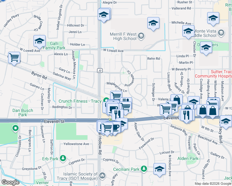 map of restaurants, bars, coffee shops, grocery stores, and more near 1865 Maplegrove Lane in Tracy