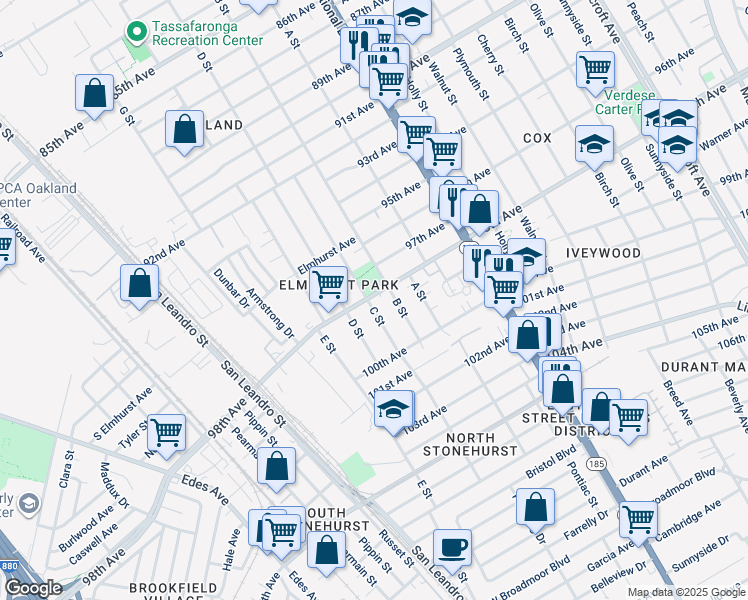 map of restaurants, bars, coffee shops, grocery stores, and more near in Oakland