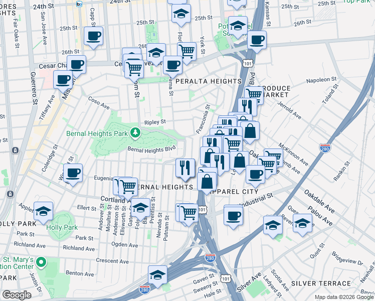 map of restaurants, bars, coffee shops, grocery stores, and more near 610 Peralta Avenue in San Francisco