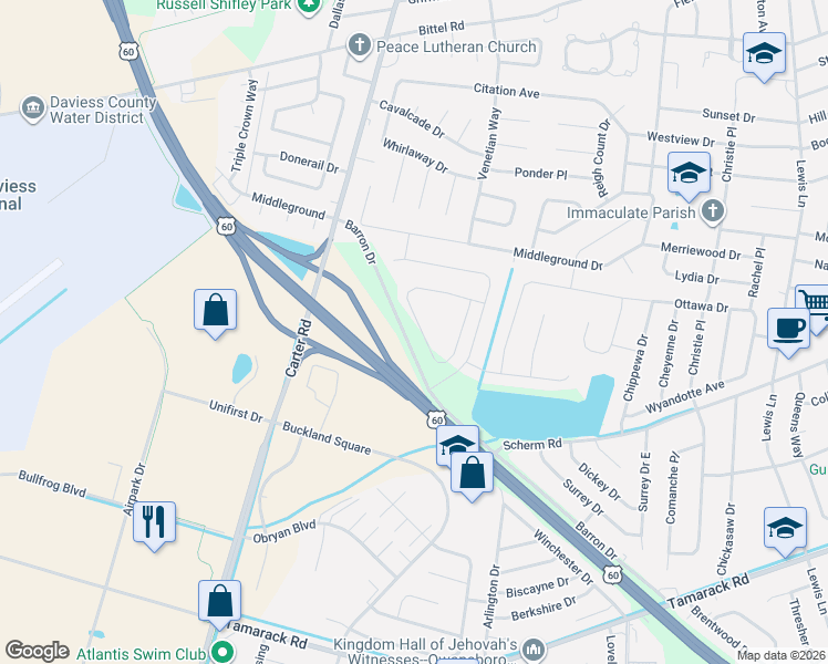 map of restaurants, bars, coffee shops, grocery stores, and more near Barron Drive in Owensboro
