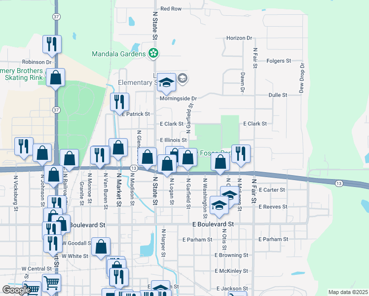 map of restaurants, bars, coffee shops, grocery stores, and more near 400-498 East Illinois Street in Marion