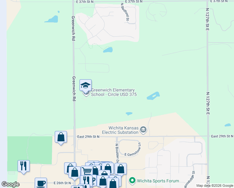 map of restaurants, bars, coffee shops, grocery stores, and more near 3250 North Greenwich Road in Wichita