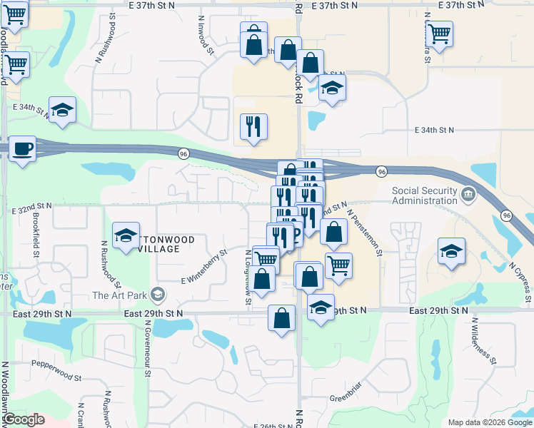 map of restaurants, bars, coffee shops, grocery stores, and more near 7824 East 32nd Street North in Wichita