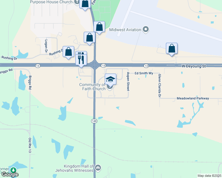 map of restaurants, bars, coffee shops, grocery stores, and more near 112 Airway Drive in Marion