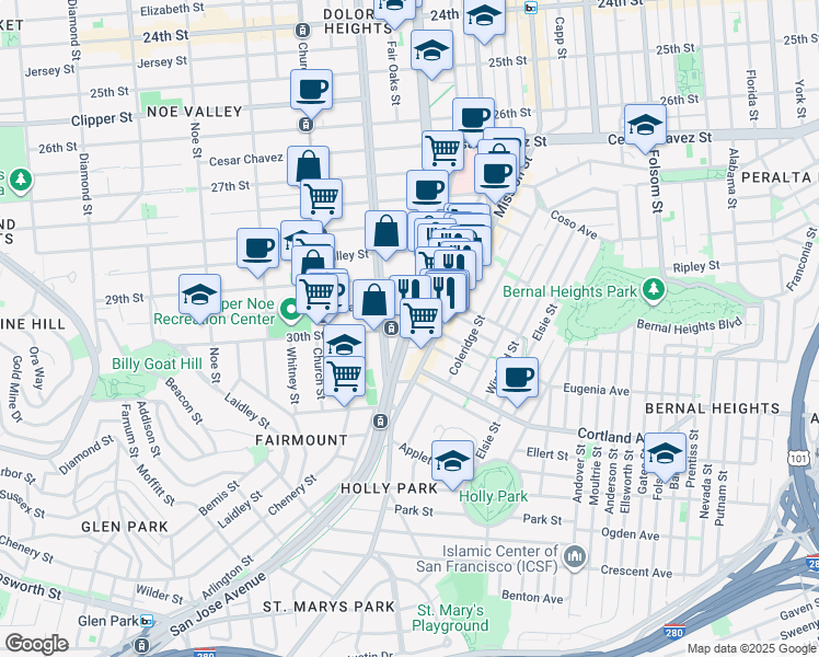 map of restaurants, bars, coffee shops, grocery stores, and more near San Jose Avenue & 30th St in San Francisco