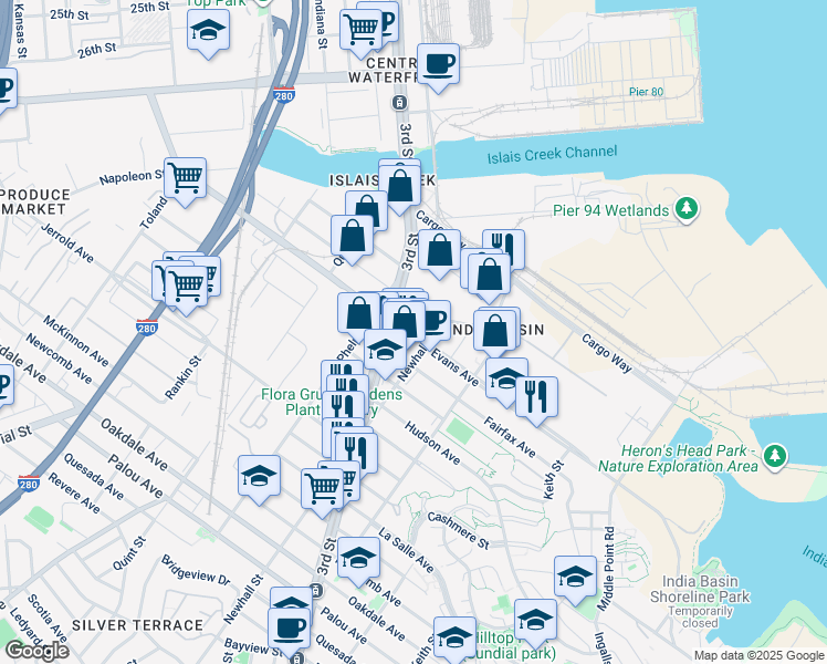 map of restaurants, bars, coffee shops, grocery stores, and more near Evans Avenue in San Francisco