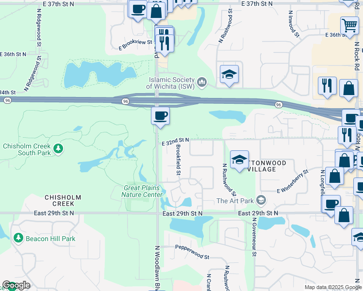 map of restaurants, bars, coffee shops, grocery stores, and more near 6430-6694 E 32nd St N in Wichita