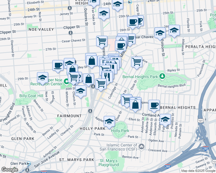 map of restaurants, bars, coffee shops, grocery stores, and more near 3395 Mission Street in San Francisco